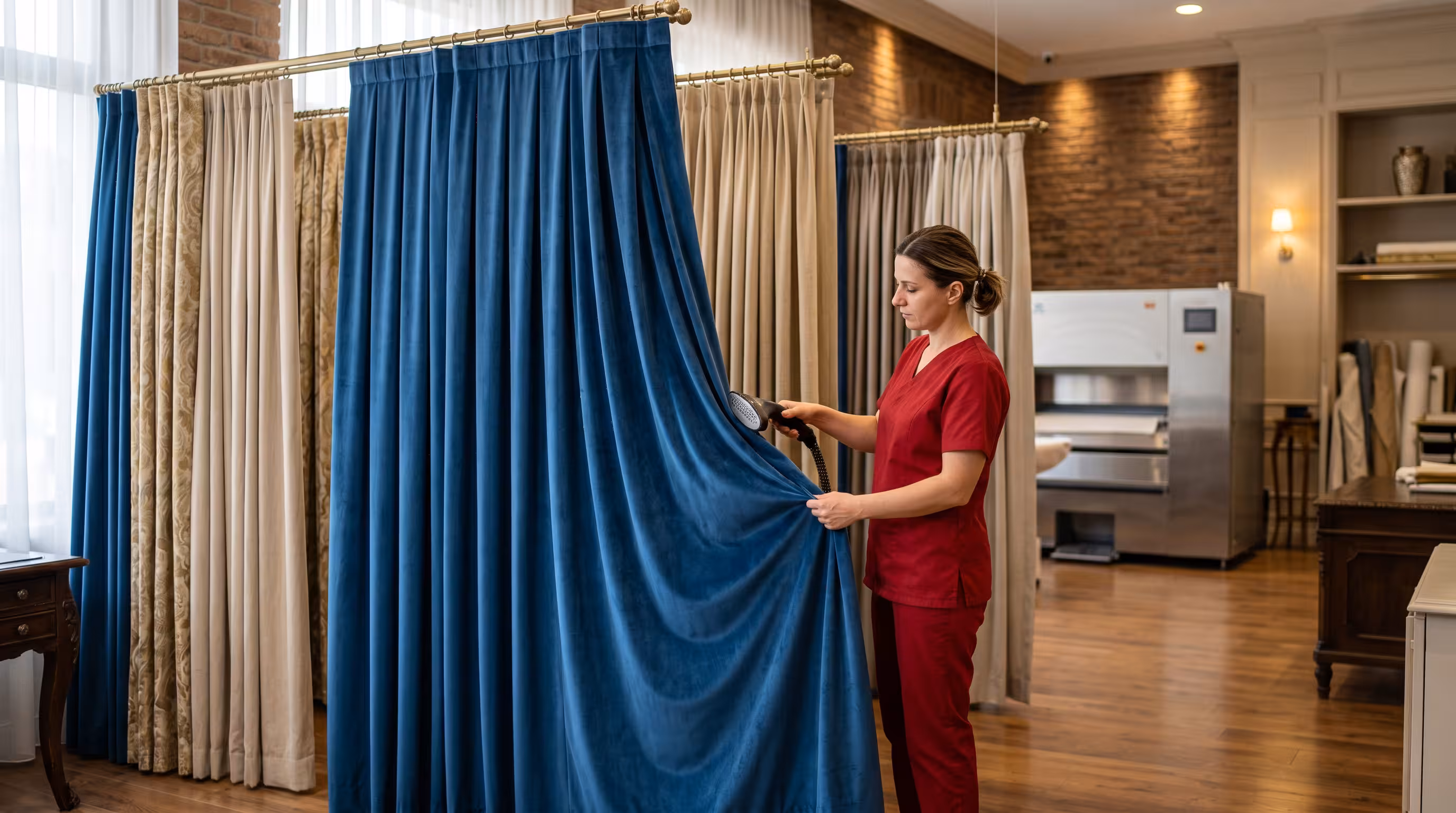 Radnik rukuje teškim draperijama pre čišćenja