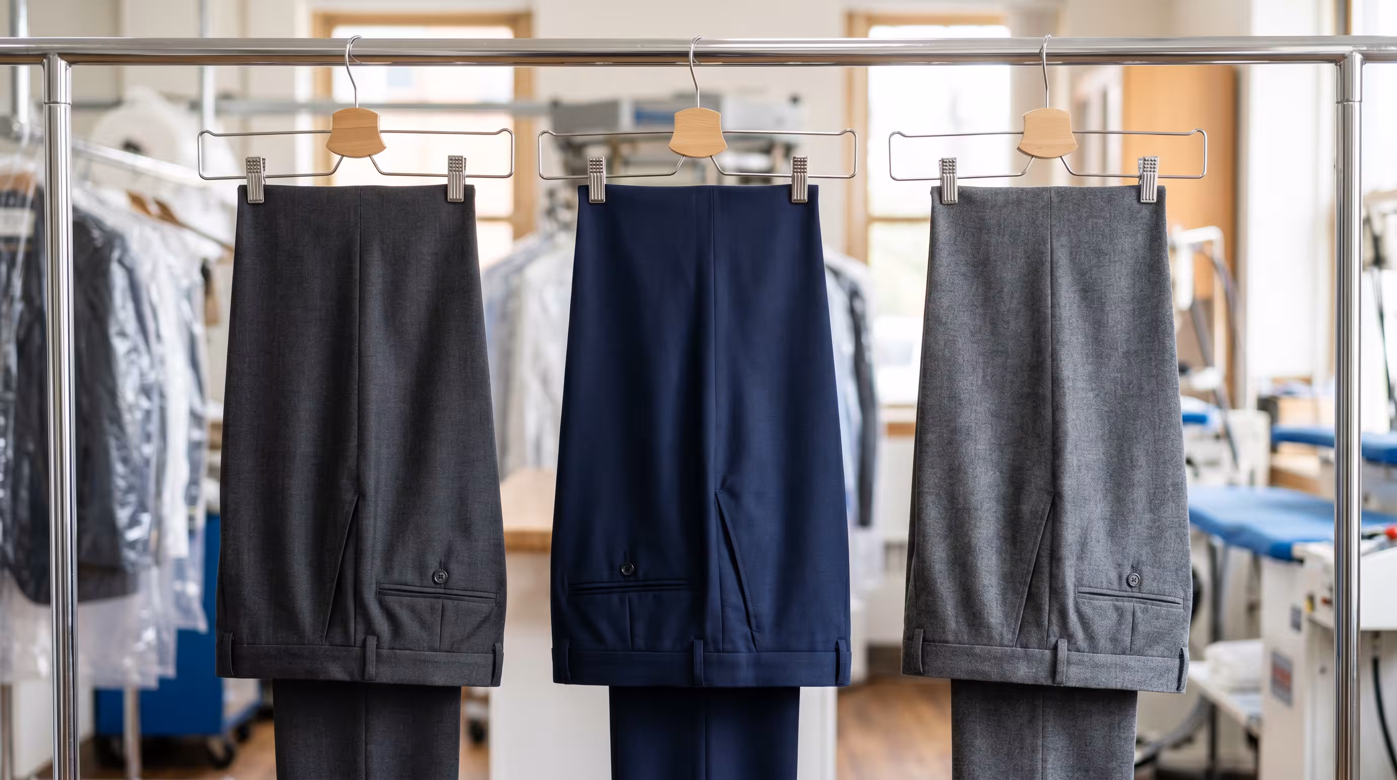 Ispeglane pantalone okačene u hemijskoj čistionici